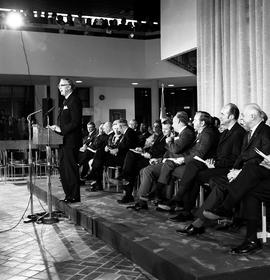 Photograph of Ted Jarvis talking at the official opening of the Phase II buildings (E & F bui...
