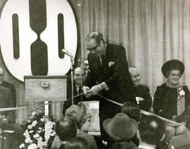 Photograph of the ribbon cutting ceremony for the Field House opening