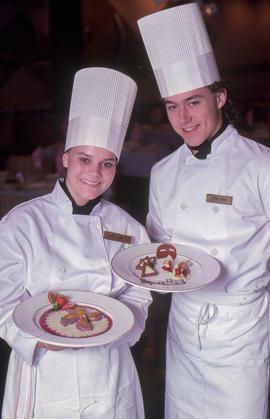 Photograph of Hospitality students with food products