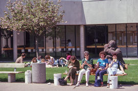 Photograph of Staff Members and Students Sitting Outside of the D Building