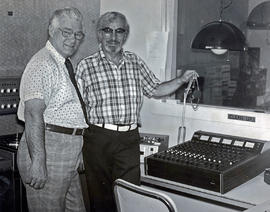 Photograph of Phil Stone and Stan Larke in the Broadcasting Studio