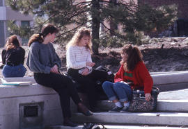 Photograph of students talking at the front entrance walkway