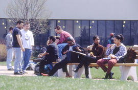 A photograph of students sitting outdoors on benches