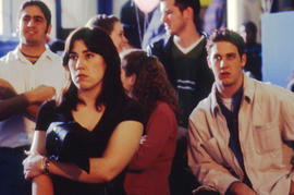 Photograph of students gathered in the student centre for an event.