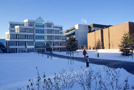 Photograph of a person walking to the main entrance of NX building