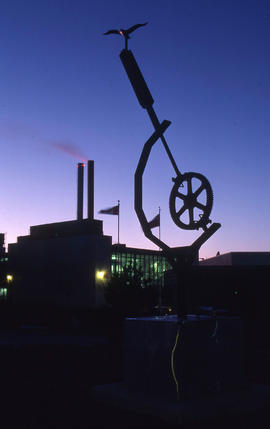 Photograph of a Technology sculpture in front of J building