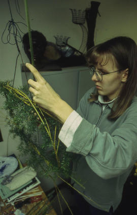 A photograph of Retail Floriculture student assembling a floral arrangement