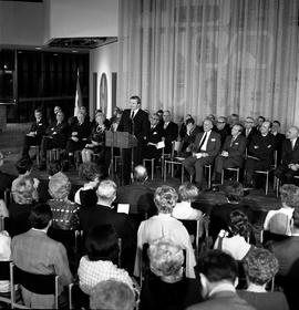 Photograph of William G. Davis speaking at the official opening of the Phase II buildings