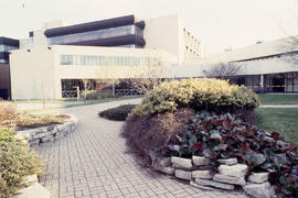 Photograph of landscaped walkway near the "E" and "D" building entrances