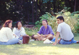 Photograph of staff enjoying their lunch in the Arboretum
