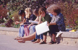 Photograph of students enjoying the summer weather seated on the wall by the Arboretum walkway