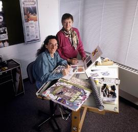 Photographs of graphic artist and client