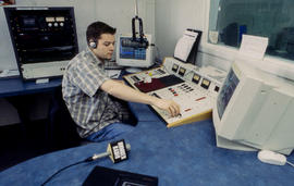 Photograph of student in Humber radio broadcasting studio