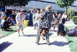 Photograph of The Shuffle Demons performing outside the registration centre