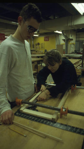 Photograph of faculty member and student in the Cabinet Making / Woodworking program