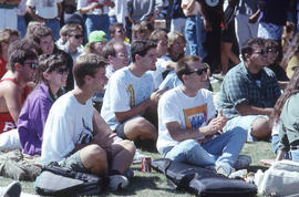 Photograph of students watching the Shuffle Demons perform at the SAC BBQ