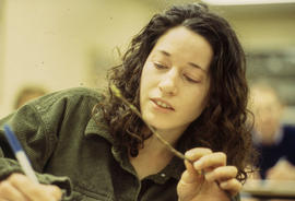 A photograph of a Floriculture student examining a twig