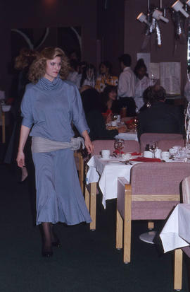 Photograph of a fashion model in a dining room