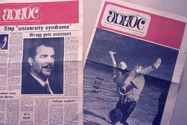 Picture of two issues of Ad Hoc, the first paper produced by the Journalism program : [photograph]