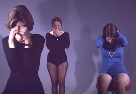 Photograph of Theatre Art Students Depicting See No Evil, Speak No Evil, Hear No Evil
