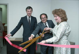 Photograph of the ribbon cutting for 'M' Building