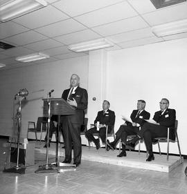 Photograph of Gordon Wragg speaking at the opening of the D building (Field House)