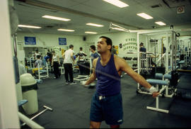 A photograph of students using various fitness equipment