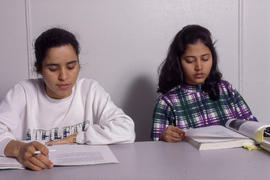 Photograph of two students studying in a classroom