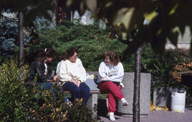 Photograph of students sitting on a bench on the patio
