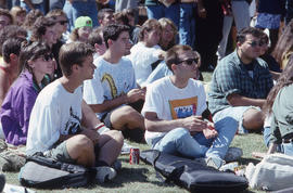 Photograph of students watching the Shuffle Demons perform at the SAC BBQ