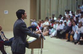 Photograph of Ian Smith speaking at the orientation event in the Athletic Centre