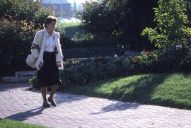 Photograph of a student walking on the main path to the college entrance