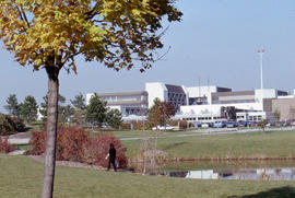 Photograph of the back of the North Campus from the Arboretum
