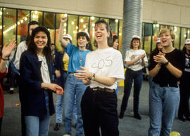 Photograph of students holding a pep rally in the student centre