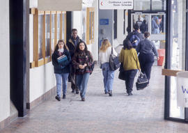 Photograph of students in the hallway in D Building