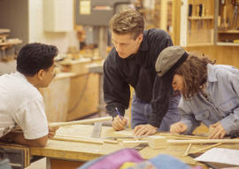 Photograph of students working in the Woodworking lab
