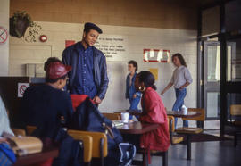 Photograph of students by the entrance to the Humburger