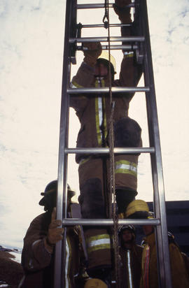 A photograph of Firefighting students climbing a ladder