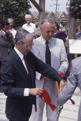 Photograph of the opening of the Demonstration Gardens following the ribbon cutting