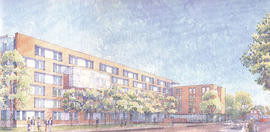 Photograph of an artist drawing of Lakeshore campus residence