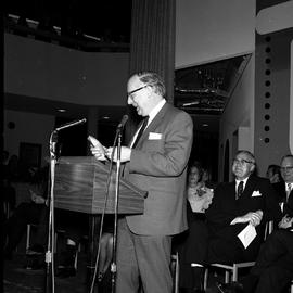 Photograph of Gordon Wragg speaking at the official opening of the Phase II buildings