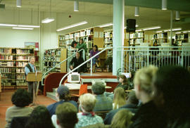 Photograph of Wayson Choy speaking at the event