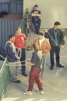A photograph of Firefighting students working outside their classroom