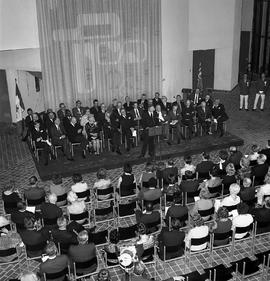 Photograph of William G. Davis speaking at the official opening for the Phase II buildings