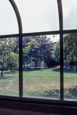 Photograph of a view of the Lakeshore courtyard from the cafeteria