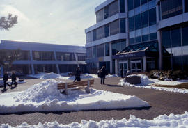Photograph students walking to and from the North Campus main entrance