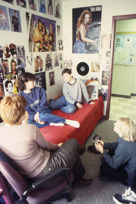 Photograph of students gathered in the residence dorm