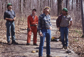 Photograph of landscaping students in the woods