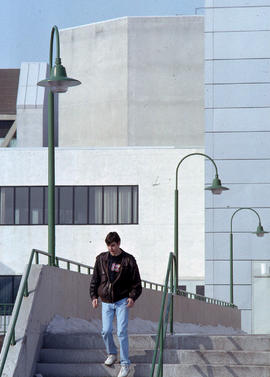 Photograph of a student exiting Building N