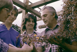 Photograph of Jim Walmsley Examining Plants with Students in the Greenhouse